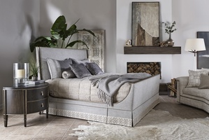 Solstice Panel Bed shown with:Twilight finish with Aged&nbsp;Medici finish trimPewter nailhead frame trim