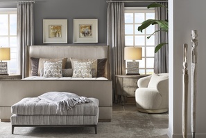 Solstice Panel Bed shown with:Bisque&nbsp;finishGunmetal&nbsp;nailhead frame trim
