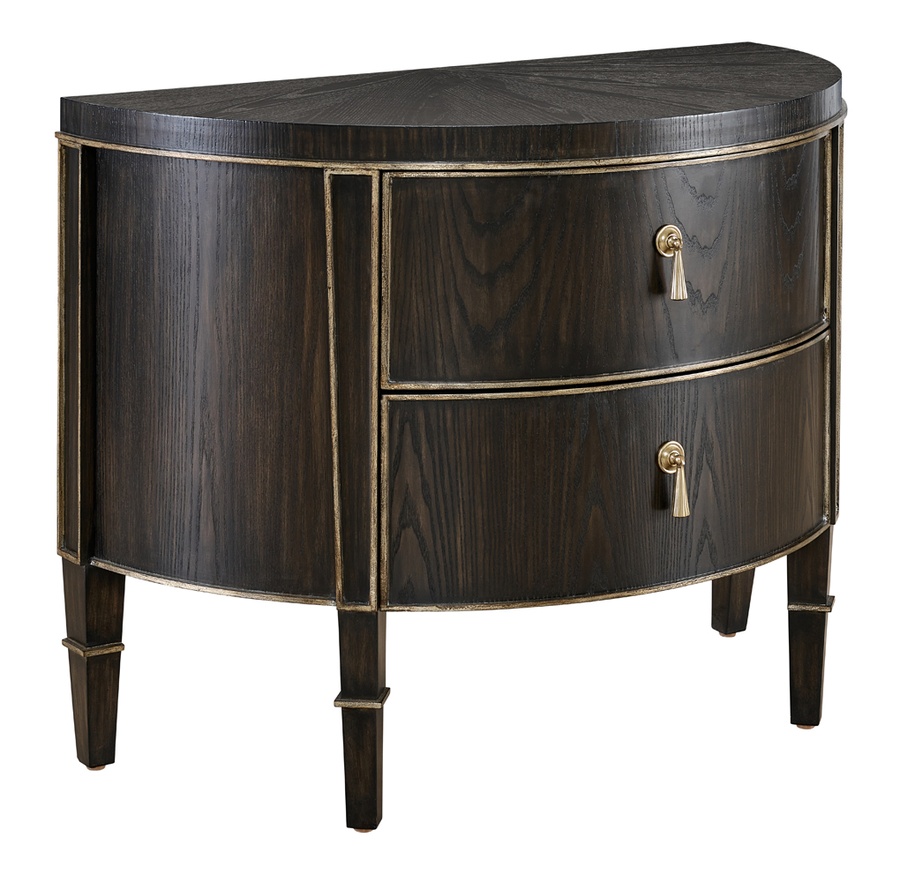 Solstice&nbsp;Nightstand shown with:Twilight&nbsp;finish with&nbsp;Aged&nbsp;Medici&nbsp;finish trimPendant pull in Medici Nickel finish
