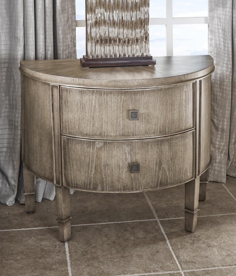 Solstice&nbsp;Nightstand shown with:Twilight&nbsp;finish with&nbsp;Aged&nbsp;Medici&nbsp;finish trimPendant pull in Medici Nickel finish

