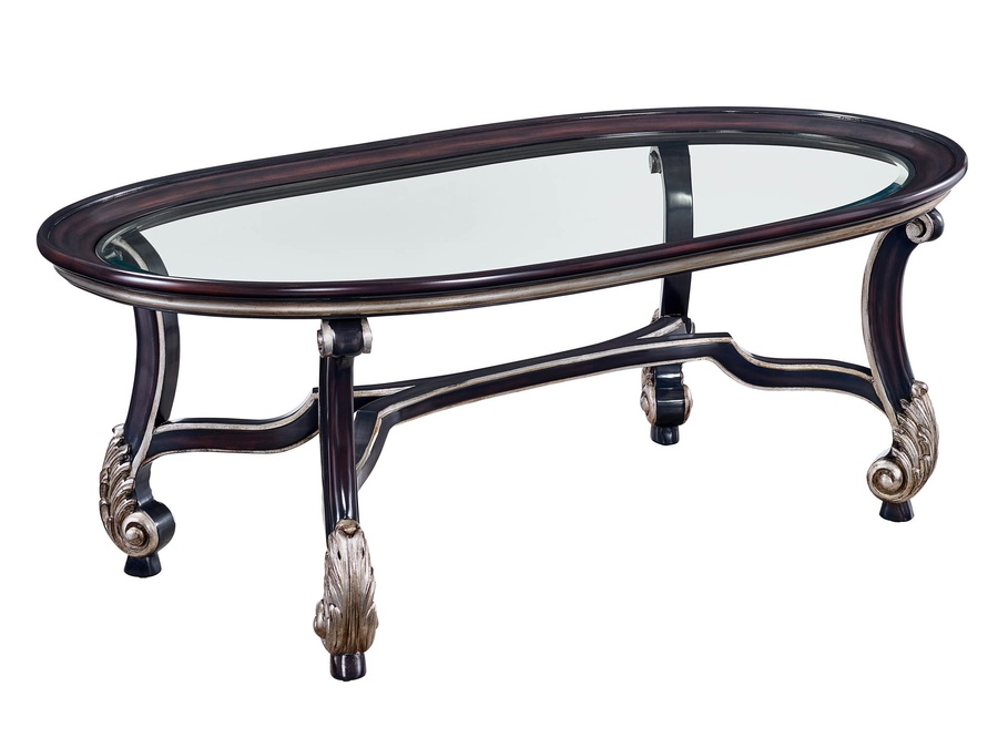 San Marino Cocktail&nbsp;Table&nbsp;shown with:Dapple&nbsp;finishAged Silver&nbsp;finish trimInset clear glass top with beveled edge