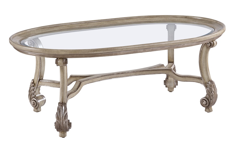 San Marino Cocktail&nbsp;Table&nbsp;shown with:Dapple&nbsp;finishAged Silver&nbsp;finish trimInset clear glass top with beveled edge