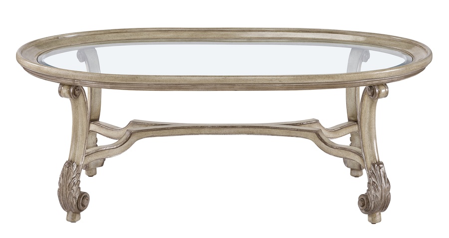 San Marino Cocktail&nbsp;Table&nbsp;shown with:Dapple&nbsp;finishAged Silver&nbsp;finish trimInset clear glass top with beveled edge