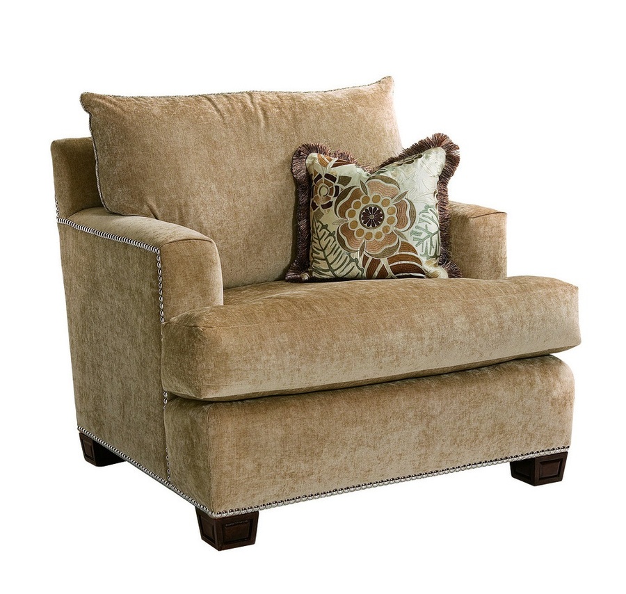 Santa Barbara Chair&nbsp;shown with:Knife Edge Back PillowBoxed T-Seat CushionTrack&nbsp;ArmTransitional&nbsp;legs&nbsp;in Sumatra finishSilver nailhead frame trim