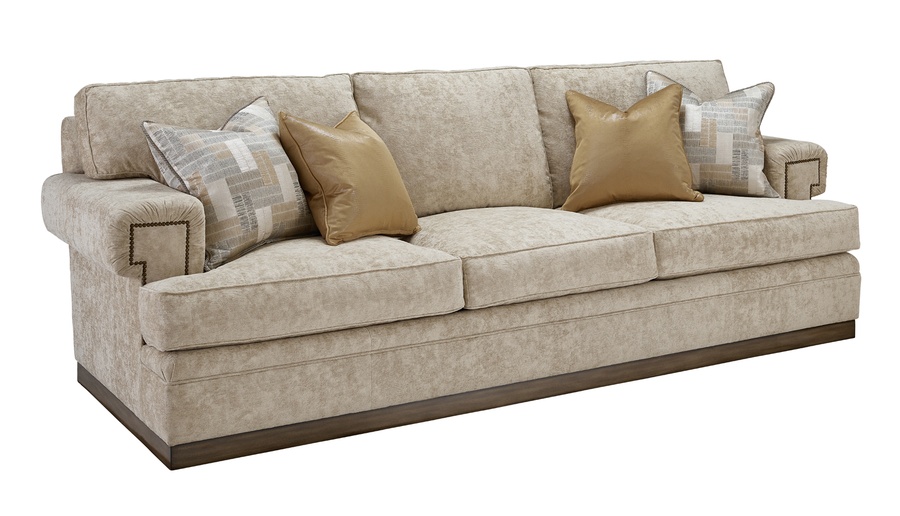 Santa Barbara Sofa (Fitted Back) shown with:(3) Seat CushionsGreek Key&nbsp;ArmPlinth base&nbsp;in&nbsp;Latte finishFrench Natural nailhead frame trim(2) Optional additional pillows