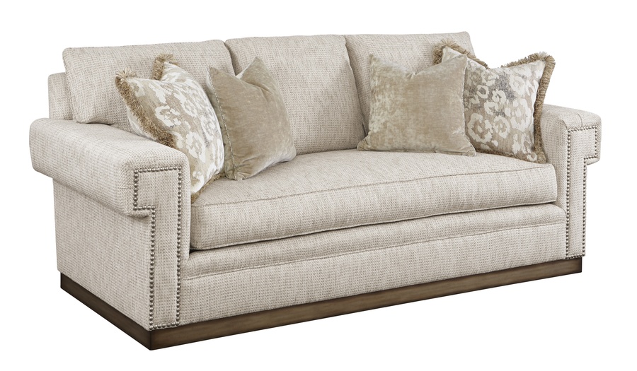 Santa Barbara Sofa (Fitted Back) shown with:Boxed benchGreek Key&nbsp;ArmPlinth base in Bronzed Silver finishPewter nailhead frame trim(2) Optional additional pillows