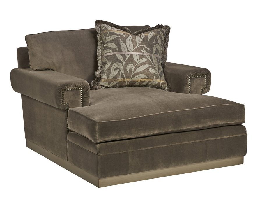 Santa Barbara Chaise shown with:Plinth Base with Cashmere Silver finishGreek Key Arm Style with T-CushionGunmetal nailhead frame trim