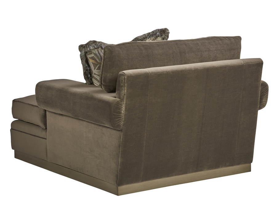 Santa Barbara Chaise shown with:Plinth Base with Cashmere Silver finishGreek Key Arm Style with T-CushionGunmetal nailhead frame trim