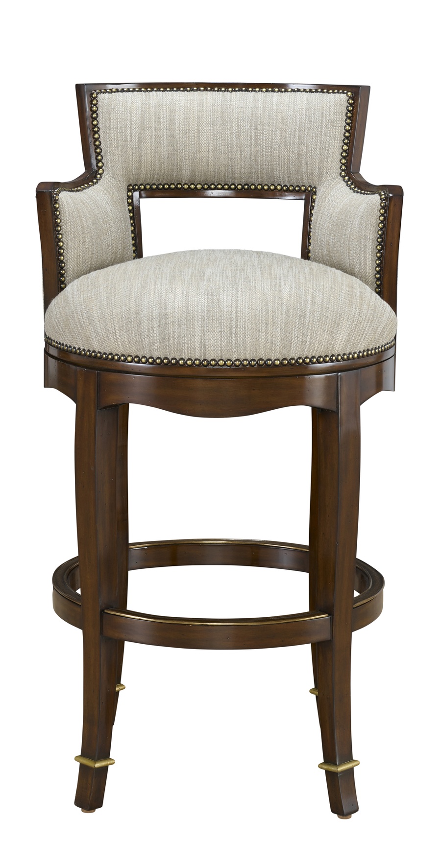 Tango Barstool shown with:Briar&nbsp;finish with&nbsp;Cashmere&nbsp;Gold finish trimAntique Brass&nbsp;nailhead frame trimAntique Brass&nbsp;footrest