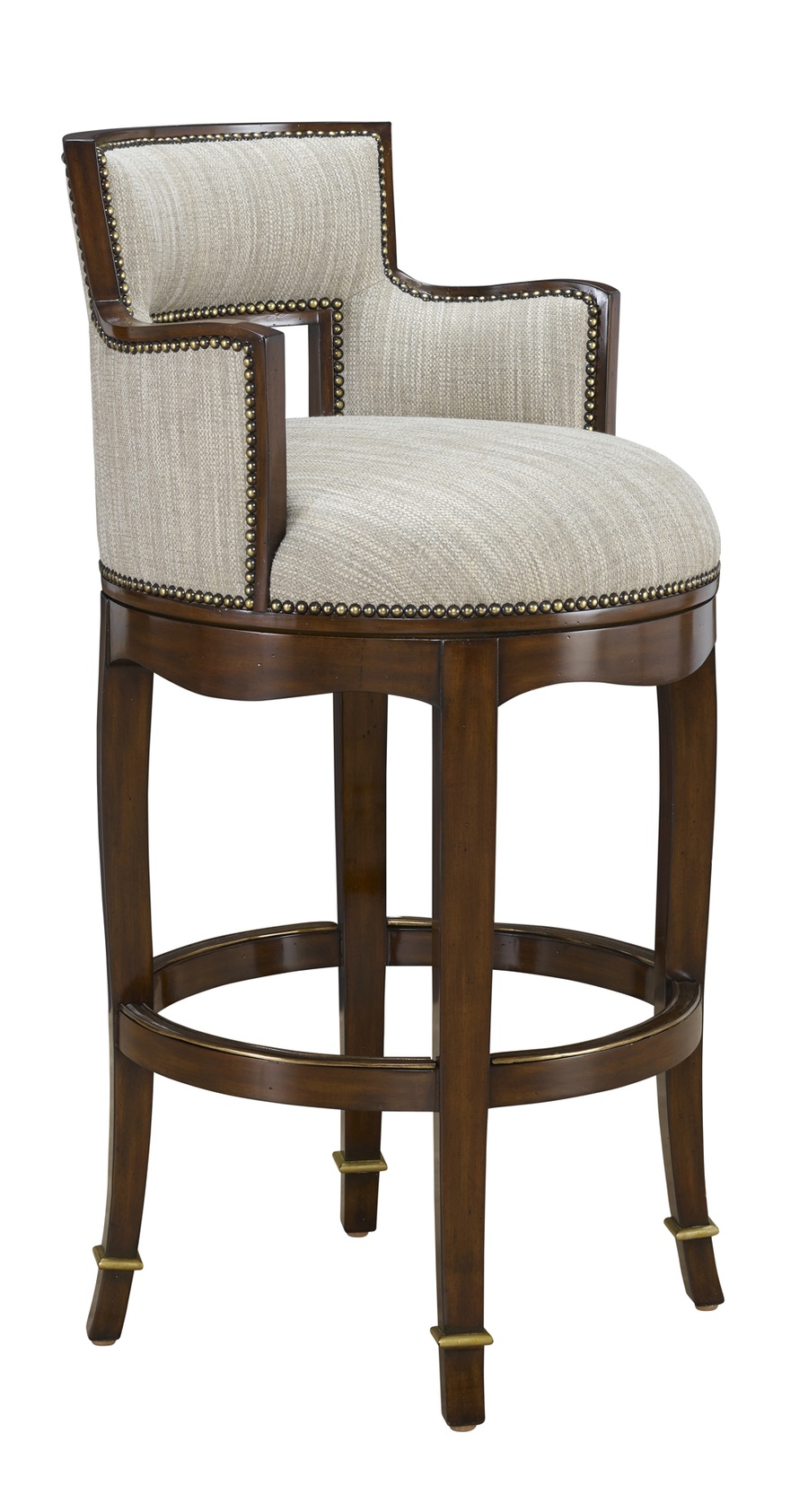 Tango Barstool shown with:Briar&nbsp;finish with&nbsp;Cashmere&nbsp;Gold finish trimAntique Brass&nbsp;nailhead frame trimAntique Brass&nbsp;footrest