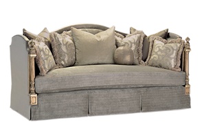 Trianon Court Sofa shown with: Boxed bench seatWaterfall skirt with built-in sidesContrast panel along arms and backPompeii&nbsp;finishSilver Star&nbsp;nailhead frame trim
