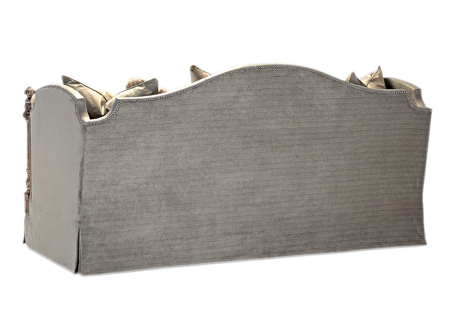 Trianon Court Sofa shown with: Boxed bench seatWaterfall skirt with built-in sidesContrast panel along arms and backPompeii&nbsp;finishSilver Star&nbsp;nailhead frame trim