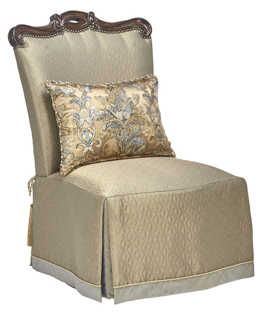 Versailles Chair shown with:Tight&nbsp;seatWaterfall skirt with dressmaker back and Button Golden Jewel detailHavana finish with Burnished Silver leaf finish trimTassel ties