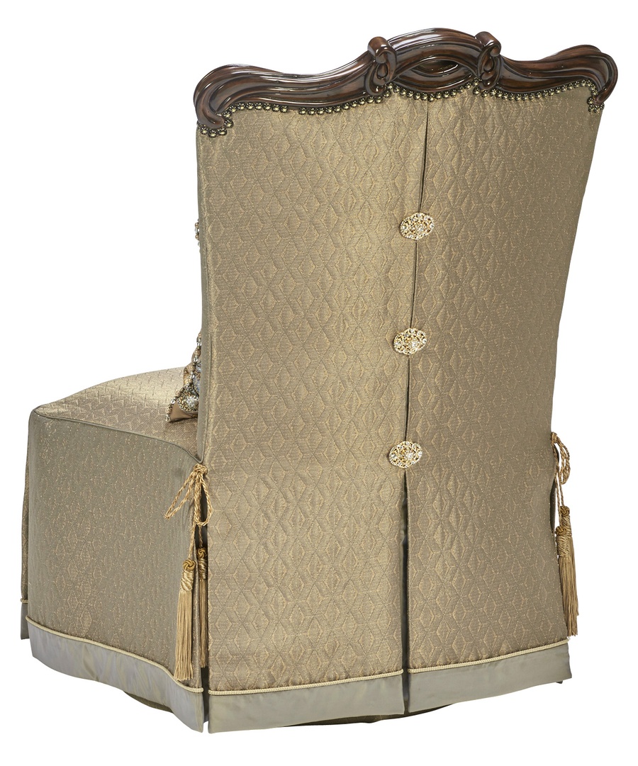 Versailles Chair shown with:Tight&nbsp;seatWaterfall skirt with dressmaker back and Button Golden Jewel detailHavana finish with Burnished Silver leaf finish trimTassel ties