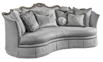 Versailles Sofa shown with: Boxed bench seat Deep skirt with built-in sides and back and decorative button detailTape trim&nbsp;at bottom edge of skirtBronzed Silver finish with Verona Silver leaf finish trimSilver Star nailhead frame trim
Includes&nbsp;eight pillows: (1) 26" x 32" Knife Edge Pillow (2) 26"&nbsp;sq. Knife Edge Pillows(2) 24"&nbsp;sq. Knife Edge Pillows(2) 22"&nbsp;sq. Knife Edge Pillows(1) 10" Ball Pillow
Optional&nbsp;pillow shown:(1) 17" x 24" Knife Edge Pillow