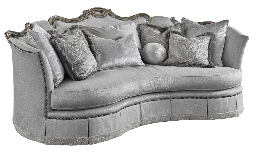 Versailles Sofa shown with:Boxed bench seatDeep skirt with built-in sides and back and decorative button detailDark Bay&nbsp;finish with Versailles leaf finish trimSilver Star nailhead frame trim
Includes&nbsp;eight pillows: (1) 26" x 32" Knife Edge Pillow (2) 26"&nbsp;sq. Knife Edge Pillows(2) 24"&nbsp;sq. Knife Edge Pillows(2) 22"&nbsp;sq. Knife Edge Pillows(1) 10" Ball Pillow
