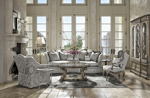 Versailles Sofa Living Room
Versailles Sofa shown with:Boxed bench seatDeep skirt with built-in sides and back and decorative button detailTape trim&nbsp;at bottom edge of skirtBronzed Silver finish with Verona Silver leaf finish trimSilver Star nailhead frame trim
Includes&nbsp;eight pillows: (1) 26" x 32" Knife Edge Pillow (2) 26"&nbsp;sq. Knife Edge Pillows(2) 24"&nbsp;sq. Knife Edge Pillows(2) 22"&nbsp;sq. Knife Edge Pillows(1) 10" Ball Pillow
Optional&nbsp;pillow shown:(1) 17" x 24" Knife Edge Pillow