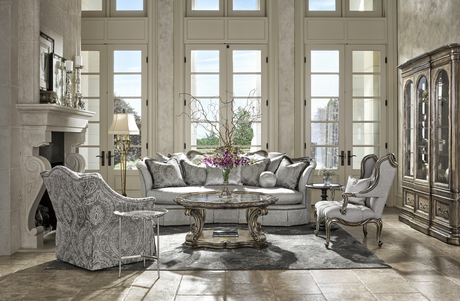 Versailles Sofa shown with:Boxed bench seatDeep skirt with built-in sides and back and decorative button detailDark Bay&nbsp;finish with Versailles leaf finish trimSilver Star nailhead frame trim
Includes&nbsp;eight pillows: (1) 26" x 32" Knife Edge Pillow (2) 26"&nbsp;sq. Knife Edge Pillows(2) 24"&nbsp;sq. Knife Edge Pillows(2) 22"&nbsp;sq. Knife Edge Pillows(1) 10" Ball Pillow
