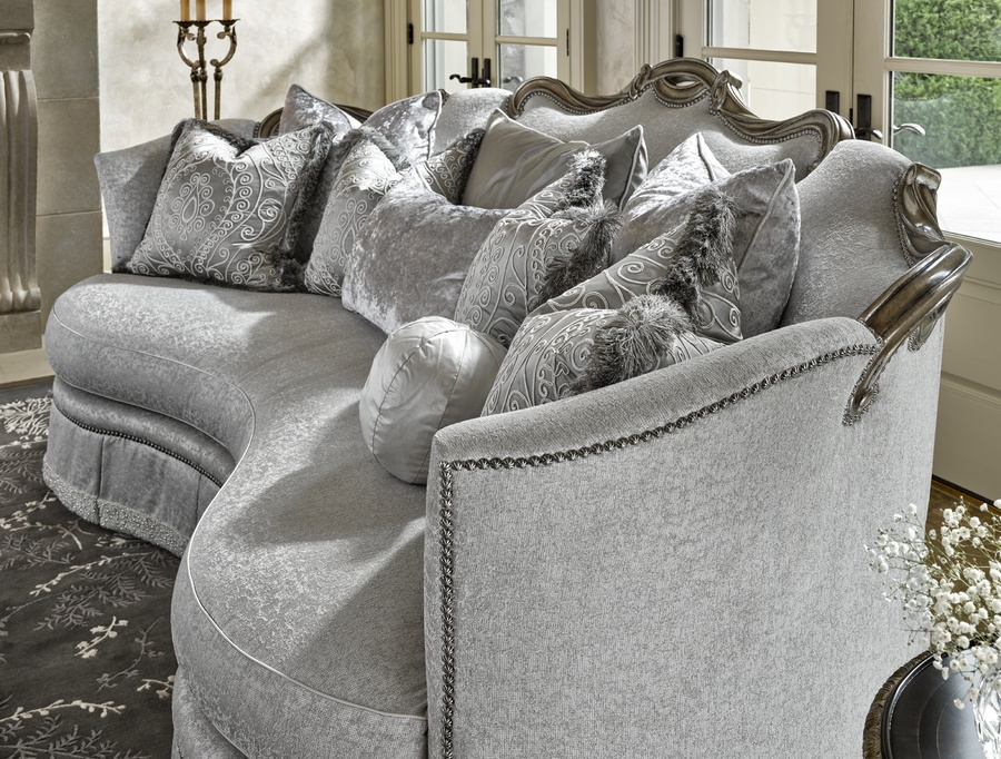 Versailles Sofa shown with:Boxed bench seatDeep skirt with built-in sides and back and decorative button detailDark Bay&nbsp;finish with Versailles leaf finish trimSilver Star nailhead frame trim
Includes&nbsp;eight pillows: (1) 26" x 32" Knife Edge Pillow (2) 26"&nbsp;sq. Knife Edge Pillows(2) 24"&nbsp;sq. Knife Edge Pillows(2) 22"&nbsp;sq. Knife Edge Pillows(1) 10" Ball Pillow
