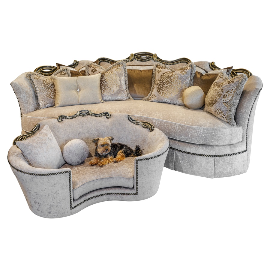 
Versailles Pet Sofa shown with:Boxed bench seatBuilt to the floor baseEbony&nbsp;finish with&nbsp;Versailles leaf finish trimBronze&nbsp;Star nailhead frame trim


Includes&nbsp;two pillows:(1) 16"&nbsp;sq. Knife Edge Pillow(1) 9" Ball Pillow
