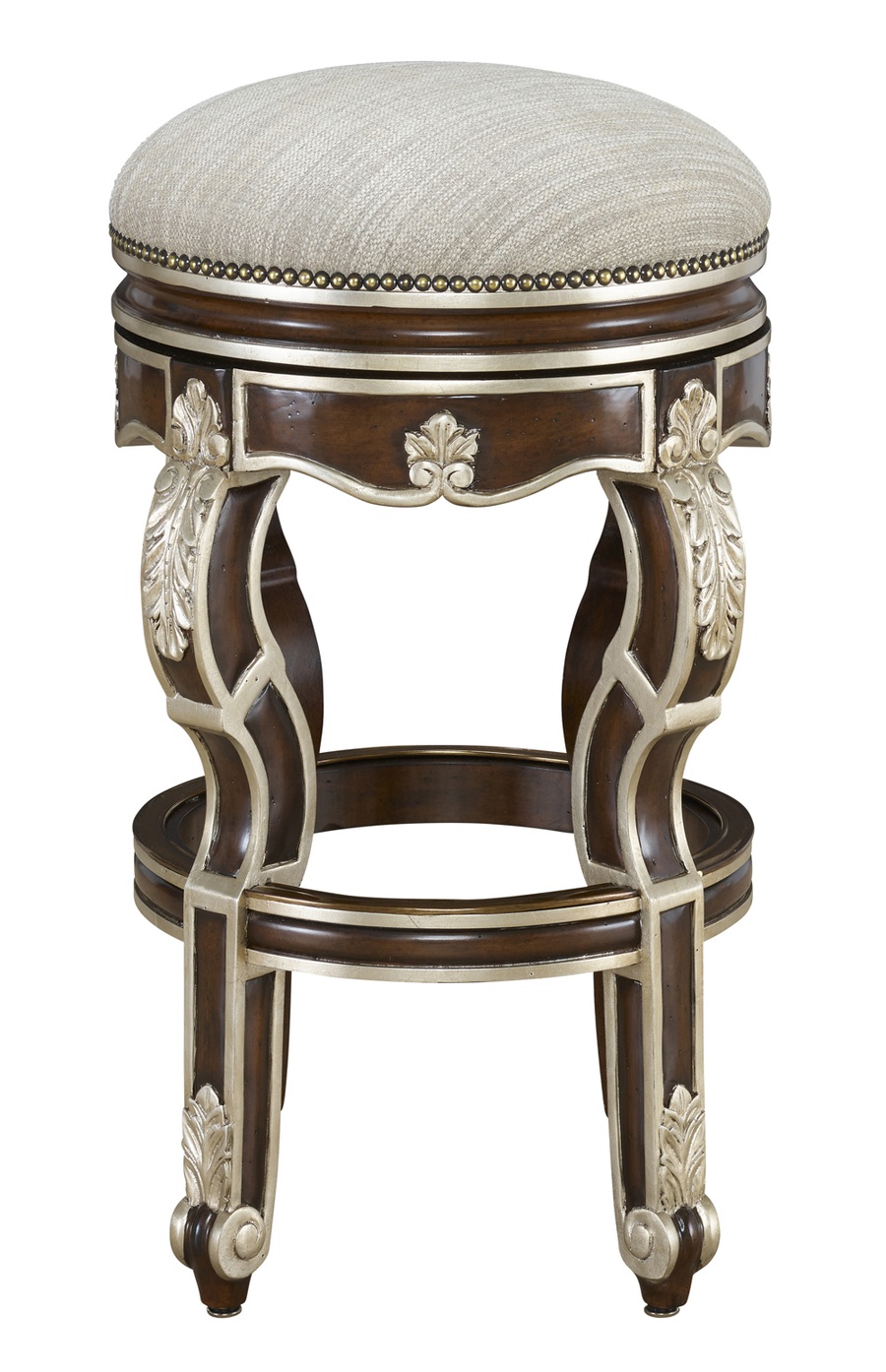 Vouvray Barstool&nbsp;shown with:Briar&nbsp;finishCashmere Silver&nbsp;Leaf finish trimAntique Brass&nbsp;nailhead frame trim