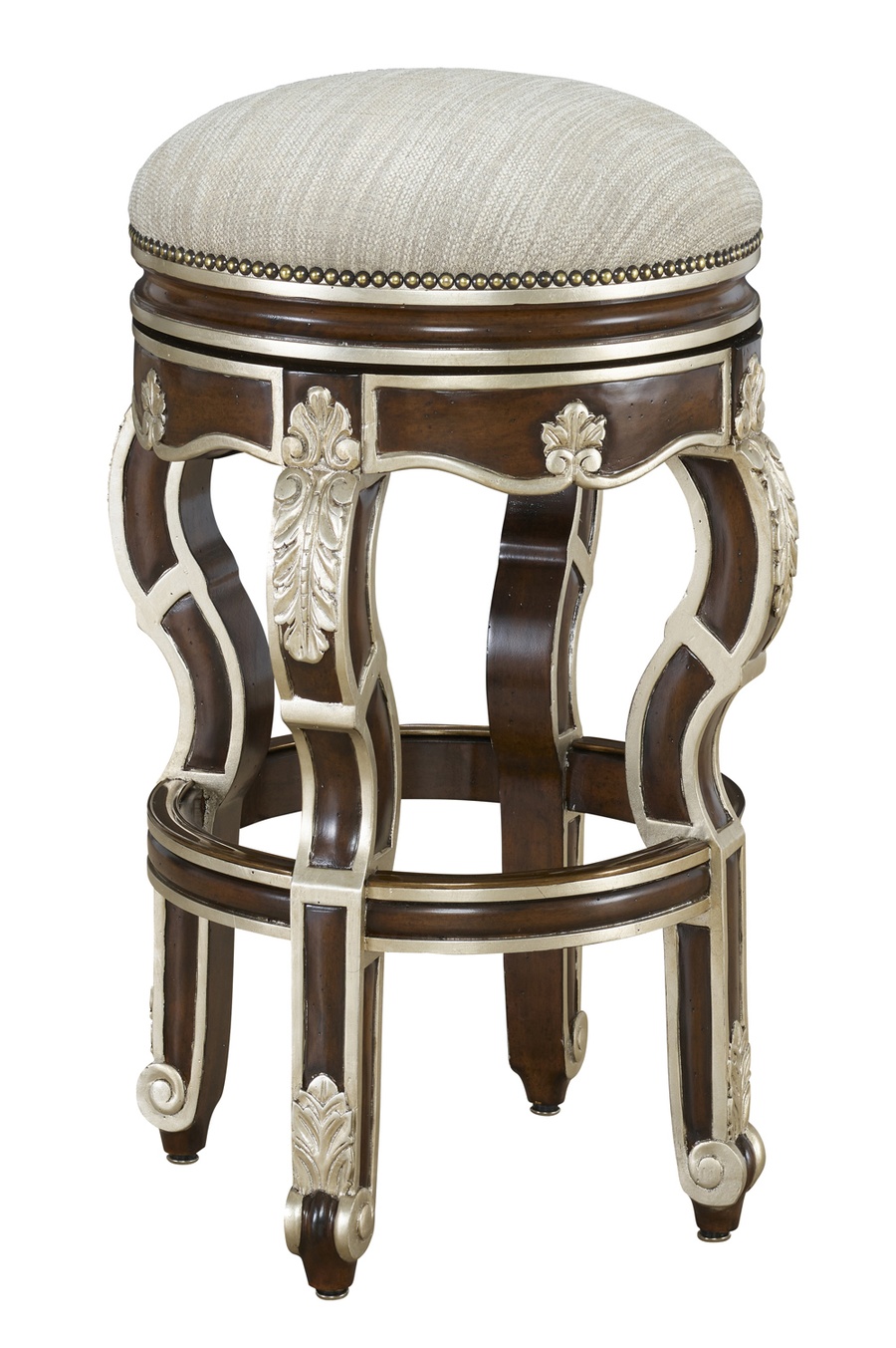 Vouvray Barstool&nbsp;shown with:Briar&nbsp;finishCashmere Silver&nbsp;Leaf finish trimAntique Brass&nbsp;nailhead frame trim