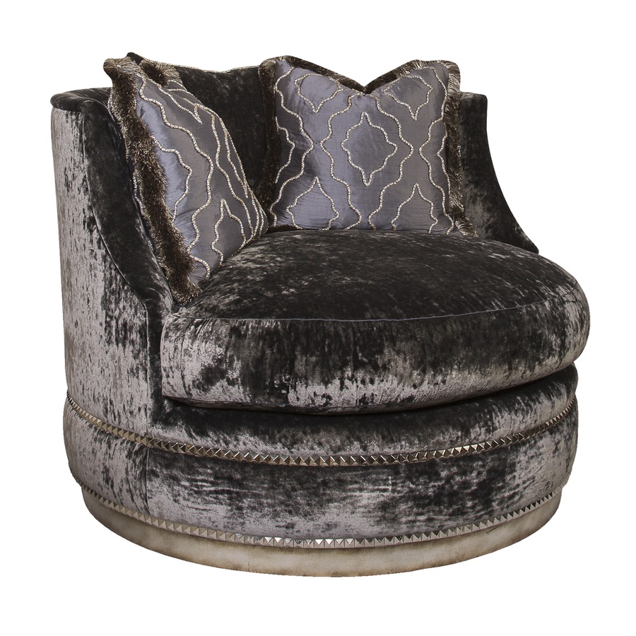 Waverly&nbsp;Chair and A Half shown with:Boxed seat cushionBuilt-to-the-floor with plinth base in Versailles&nbsp;finishSilver Nile nailhead frame trim