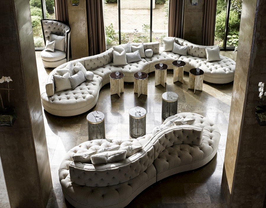 Zen&nbsp;Sectional shown with:Button tufted seat and backBuilt-to-the-floor with wood plinth base in Bombay finishMerengue nailhead frame trim