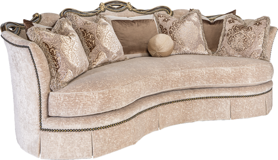 Versailles Sofa shown with:Boxed bench seatDeep skirt with built-in sides and back and decorative button detailDark Bay&nbsp;finish with Versailles leaf finish trimSilver Star nailhead frame trim
Includes&nbsp;eight pillows: (1) 26" x 32" Knife Edge Pillow (2) 26"&nbsp;sq. Knife Edge Pillows(2) 24"&nbsp;sq. Knife Edge Pillows(2) 22"&nbsp;sq. Knife Edge Pillows(1) 10" Ball Pillow
