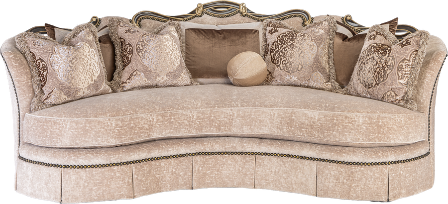 Versailles Sofa shown with:Boxed bench seatDeep skirt with built-in sides and back and decorative button detailDark Bay&nbsp;finish with Versailles leaf finish trimSilver Star nailhead frame trim
Includes&nbsp;eight pillows: (1) 26" x 32" Knife Edge Pillow (2) 26"&nbsp;sq. Knife Edge Pillows(2) 24"&nbsp;sq. Knife Edge Pillows(2) 22"&nbsp;sq. Knife Edge Pillows(1) 10" Ball Pillow
