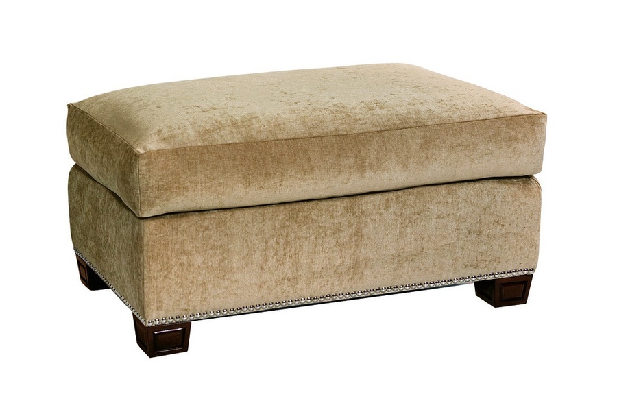 Santa Barbara Ottoman shown with:Semi-attached boxed cushionTraditional&nbsp;legs&nbsp;in Sumatra finishSilver nailhead frame trim