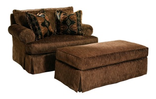 Santa Barbara Chair&nbsp;shown with:STB48 Santa Barbara OttomanKnife Edge Back PillowBoxed&nbsp;T-seat cushionLawson ArmWaterfall skirt with built-in sides and back